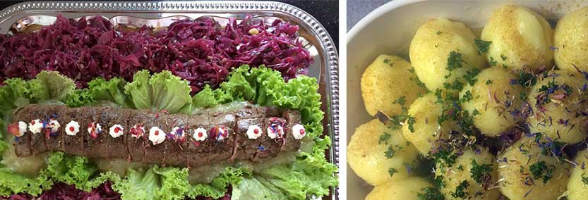 Rehrücken mit Apfelrotkraut und halbseidenen Kartoffelklößen
